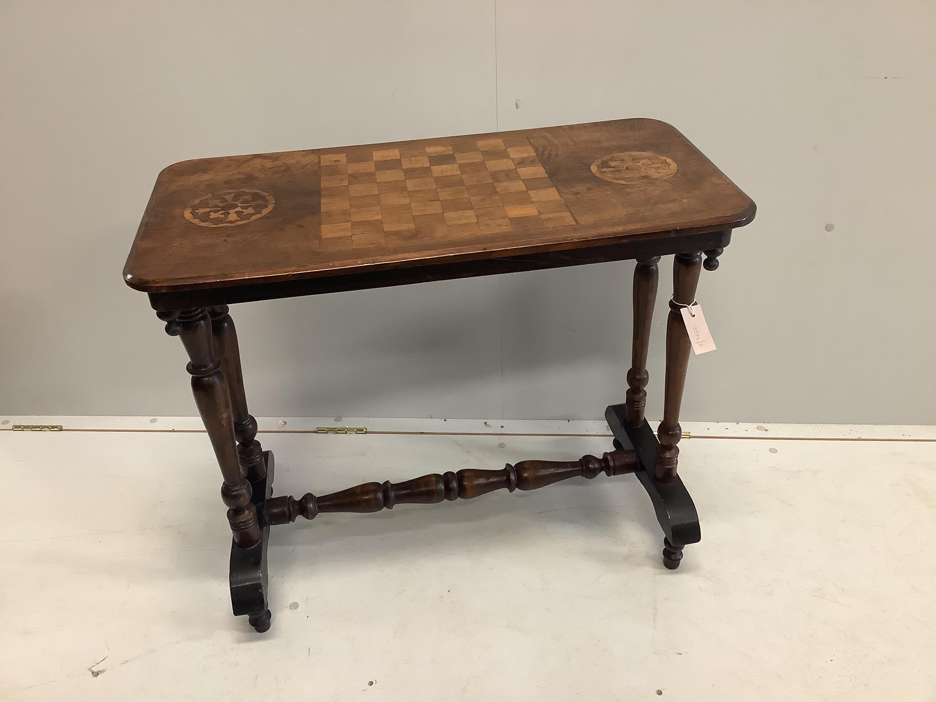 A Victorian rectangular walnut games table, width 78cm, depth 39cm, height 68cm
